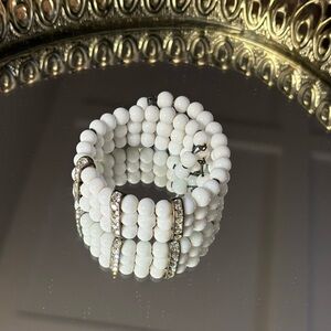 Vintage 1950s coiled wire cuff bracelet with white milk glass beads